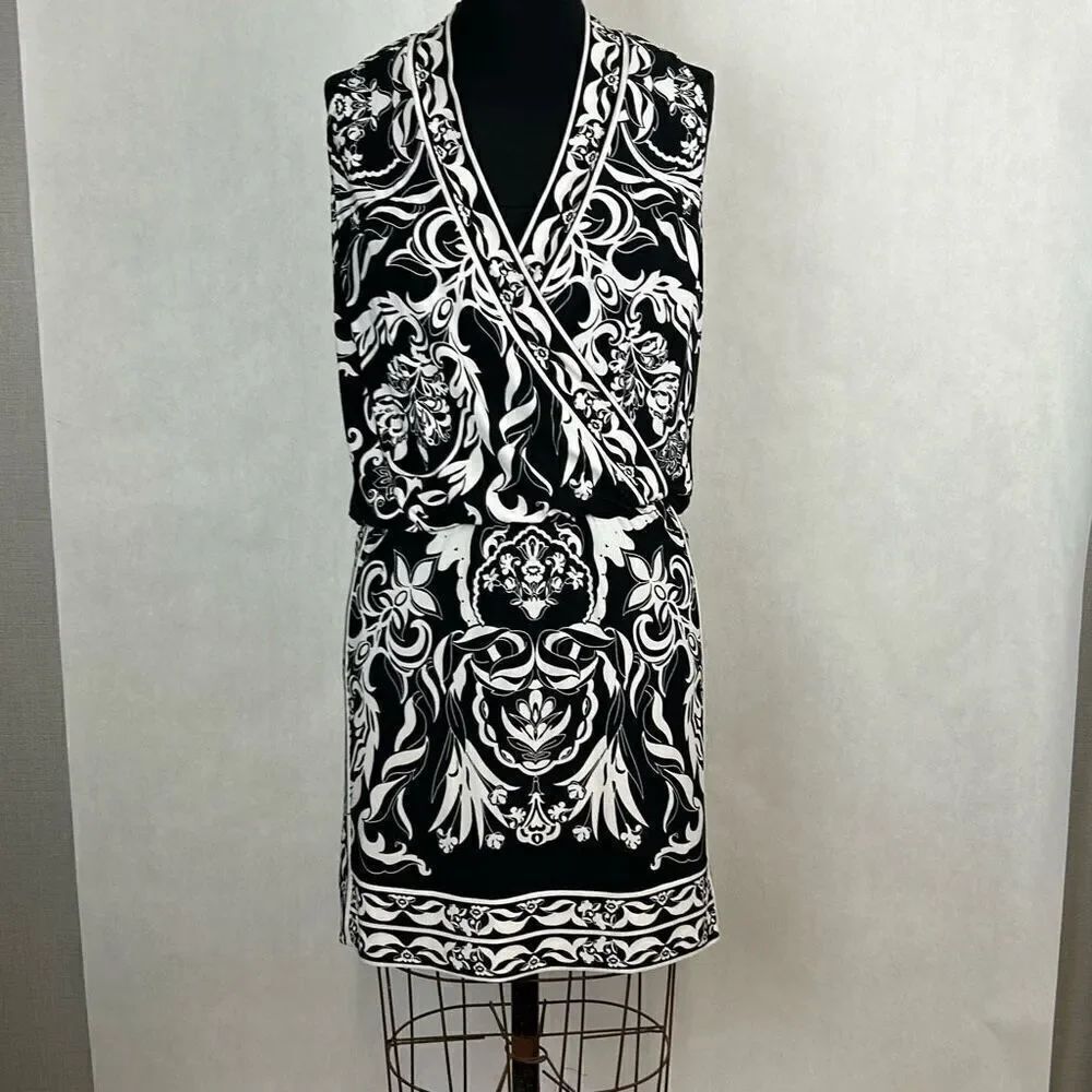 WHBM Tank Dress Sz Small Black White Sleeveless White House Black Market Print